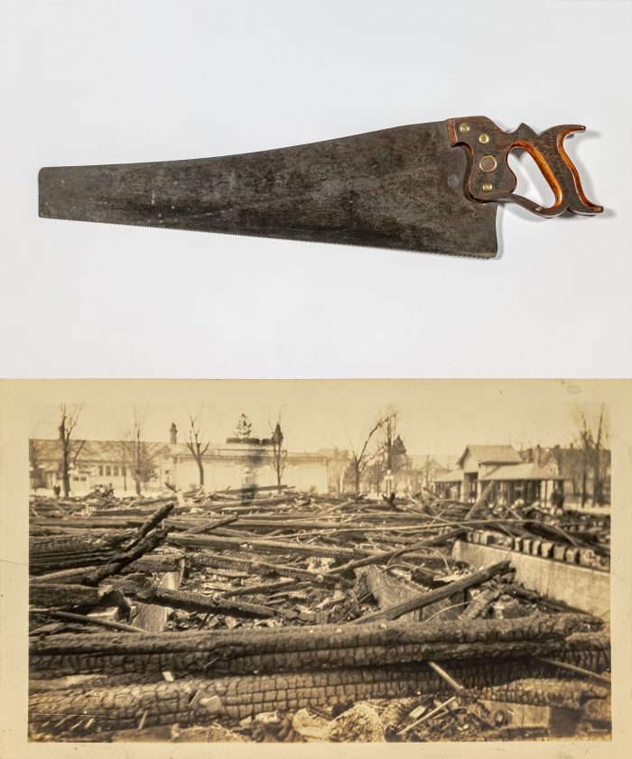 Photo of hand saw and black and white photo of logs of the crystal palace